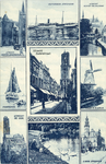 602756 Afbeelding van een prentbriefkaart met verschillende Nederlandse taferelen waaronder vier tegels waarop Achter ...